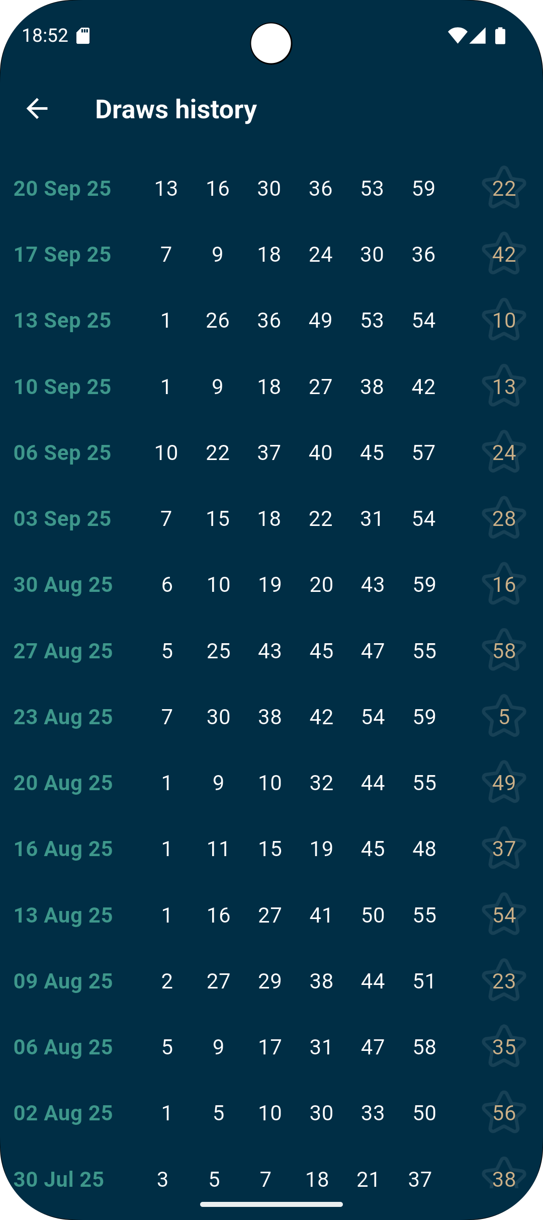 Draws History screen